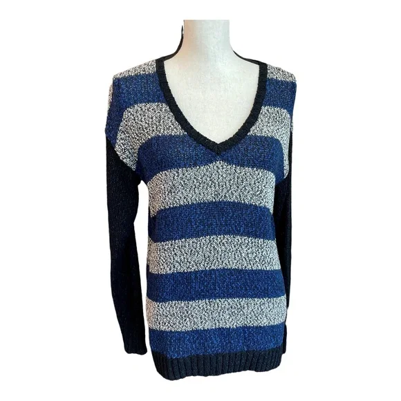 Kensie Womens V-Neck Sweater Blue Gray Black Striped Long Sleeve Pullover S - Picture 4 of 9